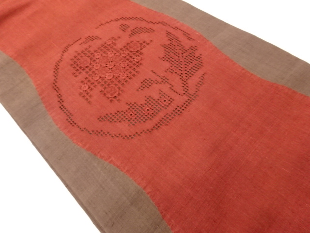 作家物　手織り紬汕頭刺繍丸文模様名古屋帯